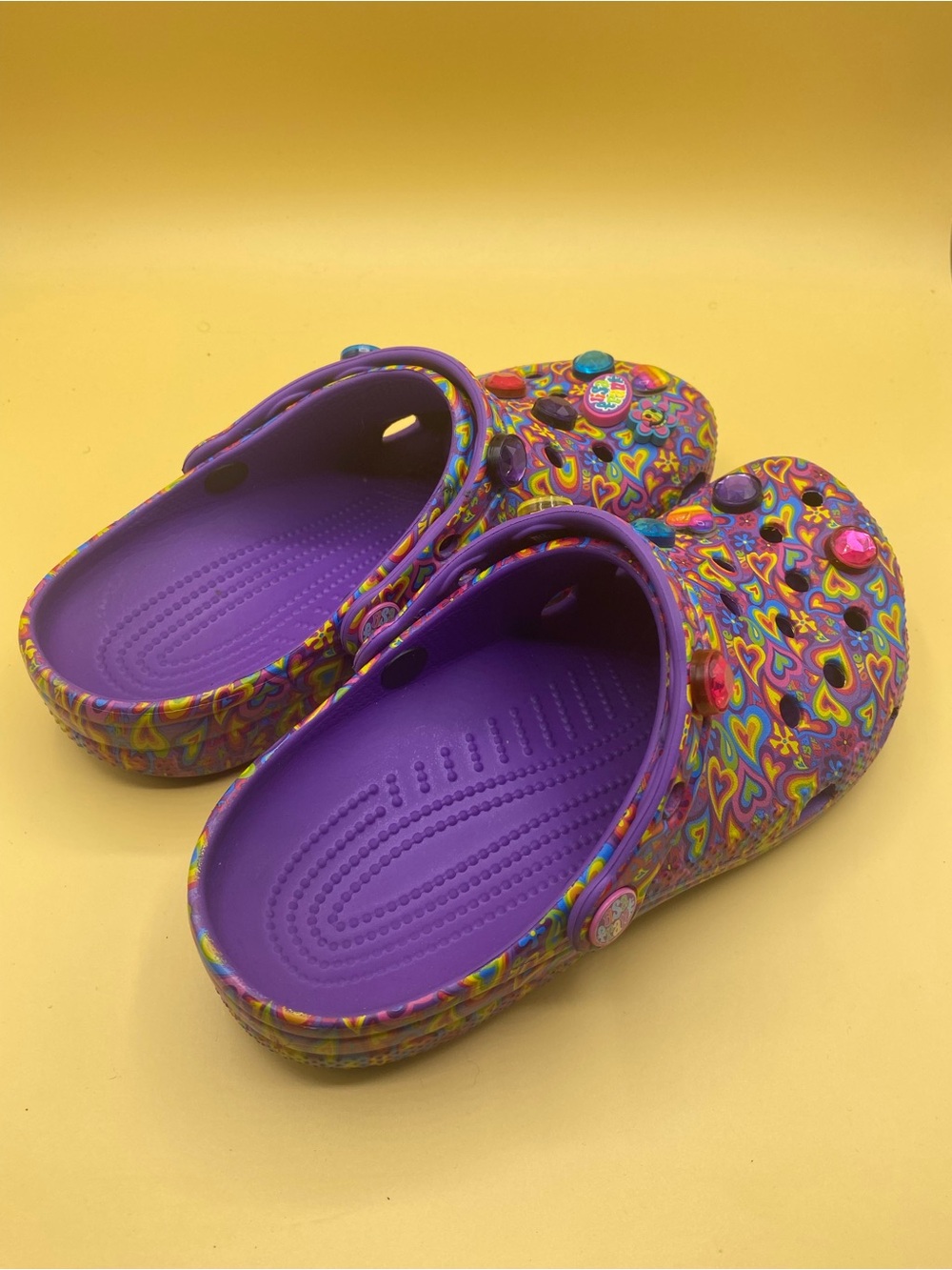 CROCS Kids Purple Multi-Color Heart Print Clogs with Charms - Picture 2 of 4